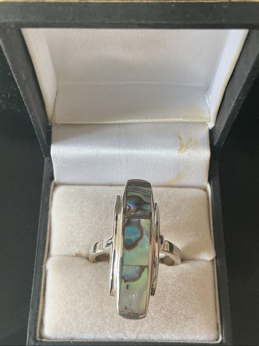 Sterling Silver Abalone Inlay Statement Ring - Iridescent Green-Blue